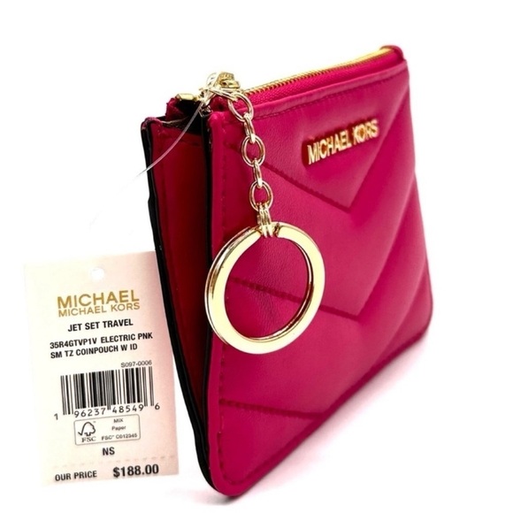 Michael Kors Jet Set Travel Small Top Zip Coin Pouch w ID Holder Electric Pink - Picture 6 of 8